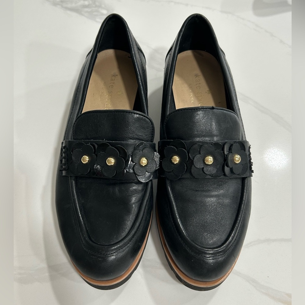 Kate Spade Black Leather Loafers Floral-strap Size 5.5